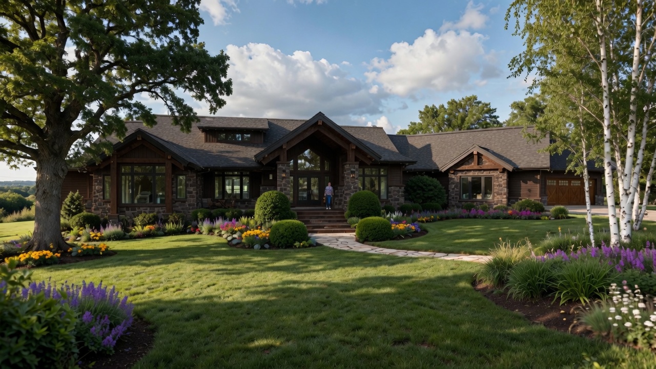 Stunning craftsman-style residence with natural stone and dark wood siding, large oak tree, and vibrant colorful landscaping in a spacious lawn