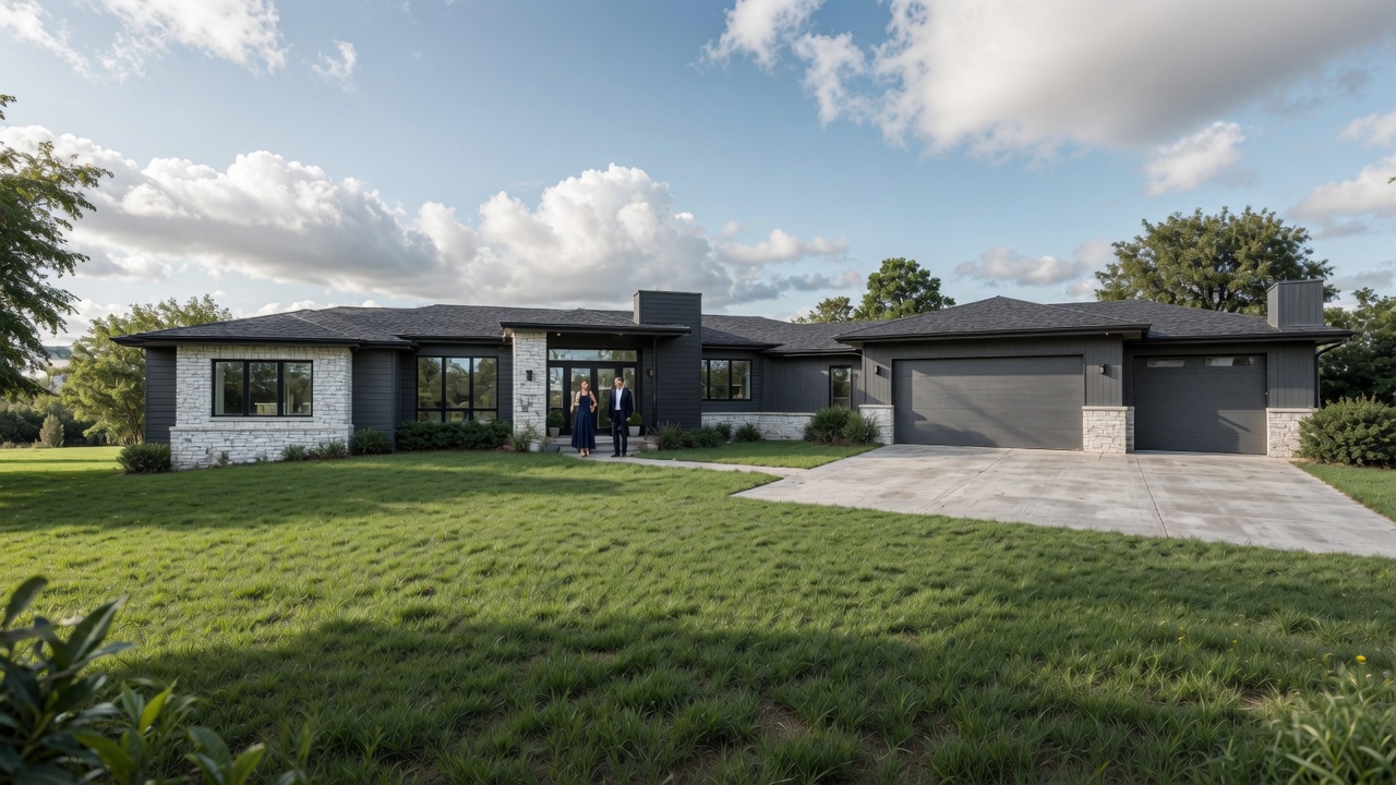 Modern contemporary single-story home with dark gray siding, white stone accents, clean lines, and a couple standing on the front walkway with concrete driveway