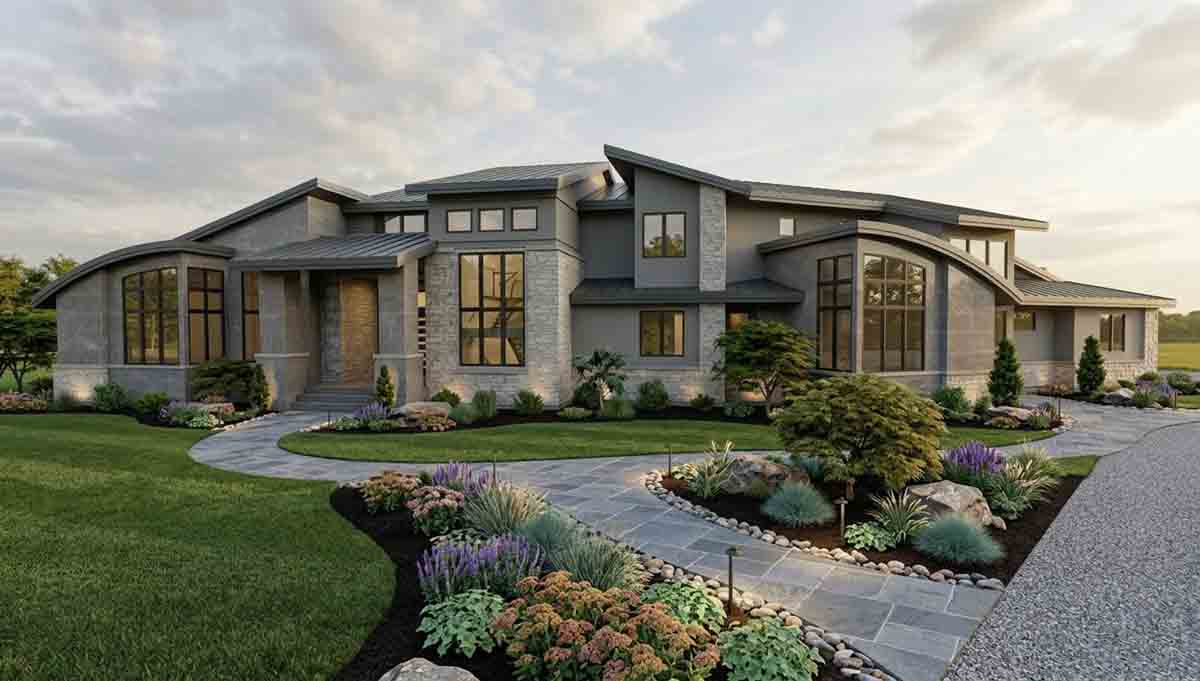 Photorealistic custom home rendering with curved rooflines, stone exterior, slate walkway, and professional landscaping