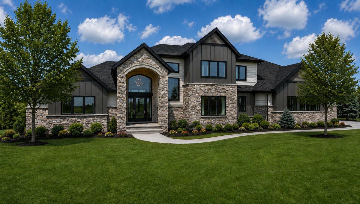 Stone and board residence now in construction with arched entry, stone veneer, dark board-and-batten siding, and professional landscaping