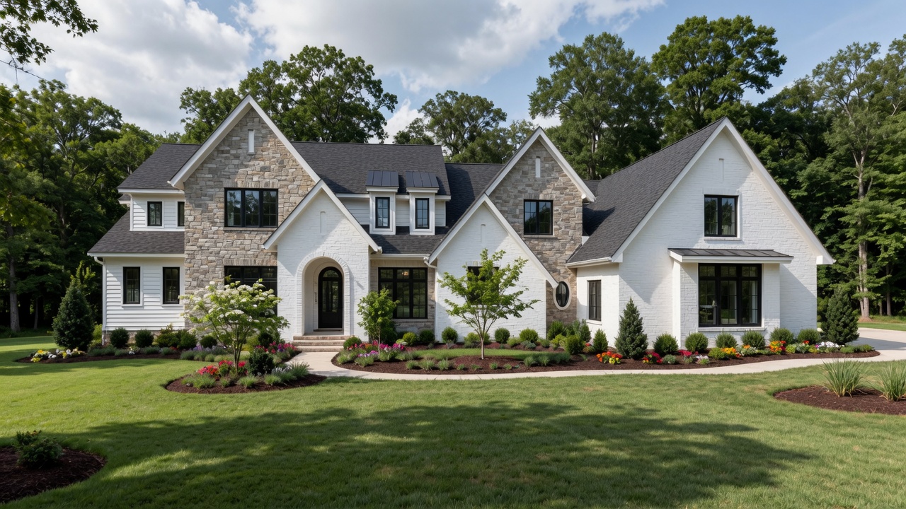 White brick transitional estate with natural stone accents, black windows, arched entry, and professional landscaping